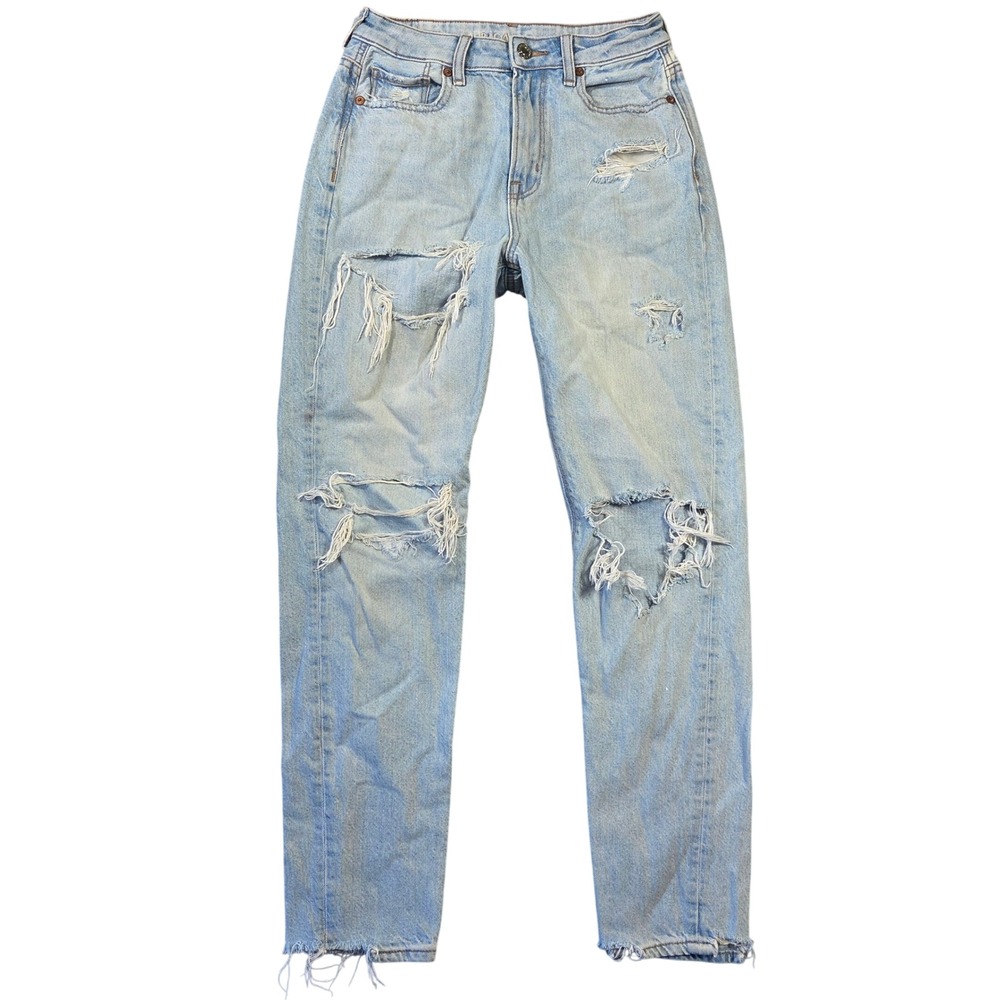 American Eagle Mom Jeans Light Wash Distressed High Rise Rigid Denim Size 00 Reg